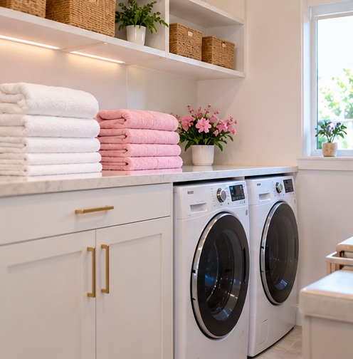 Neatly folded laundry in an organized laundry room