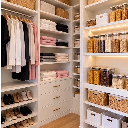 Neatly organized closet and pantry